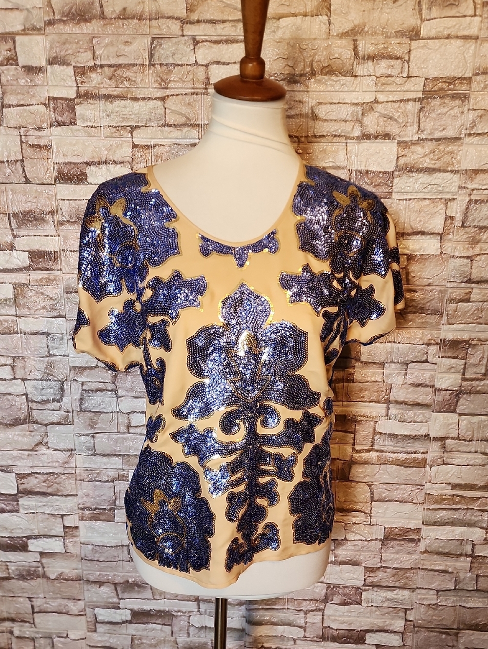 Neiman Marcus Tracy Reese Sequin Embellished Blue and Brown Top Bouse
